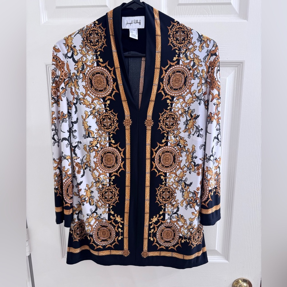 Joseph Ribkoff Black and White Versace Baroque Pattern Top Size 8